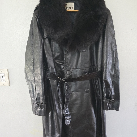 Vtg Men’s Lakeland Black Leather Fur Collar Trench Coat Penny Lane Sz 42 *read - Picture 1 of 16